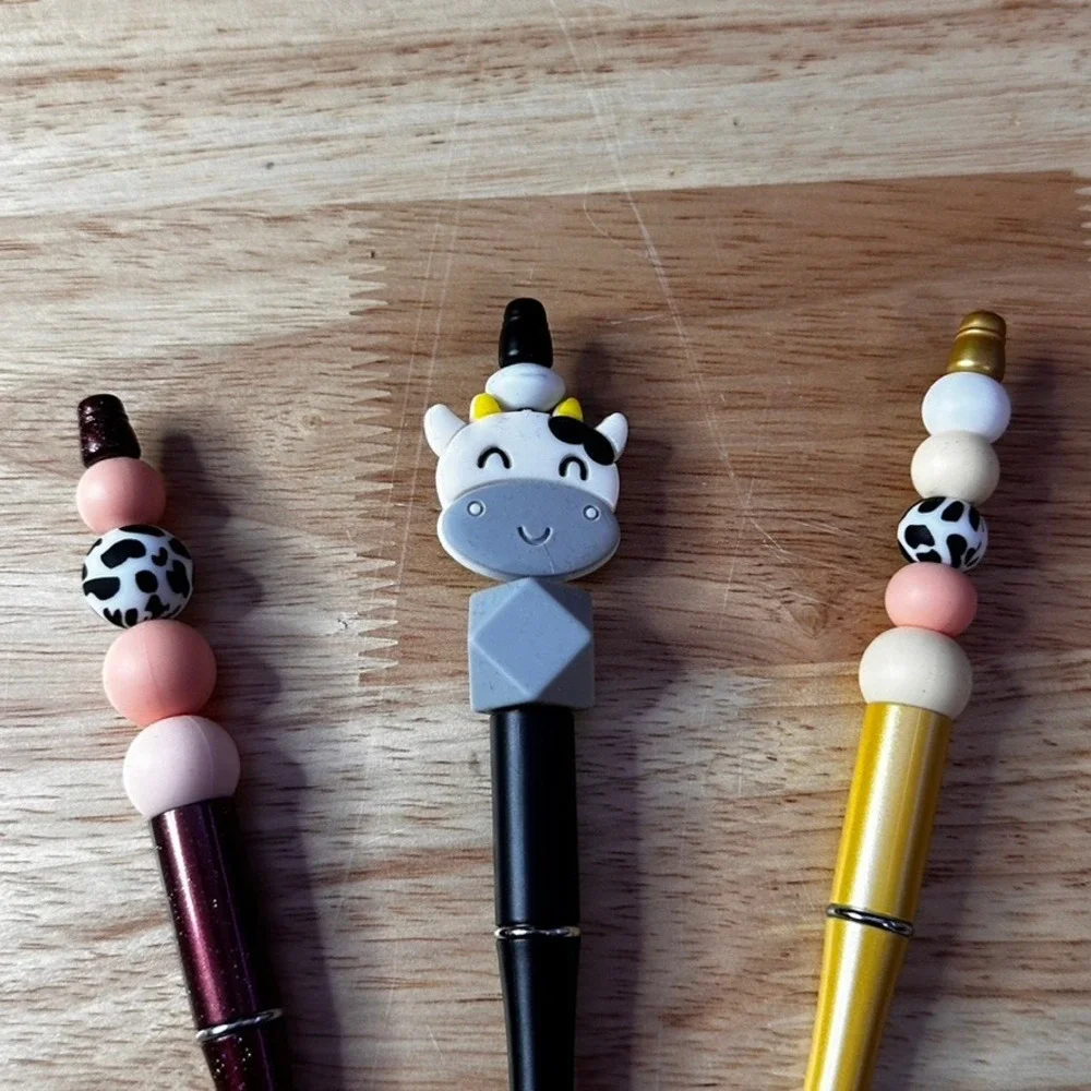 Set of 3 Cow Theme Beaded Ballpoint Pens Farm Animal Silicone Bead Pens